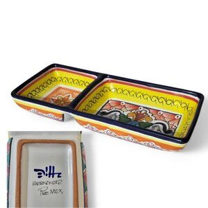 Handmade Mexican Ceramic Dip Bowl By Hernandez - Dual Section Vibrant Colors